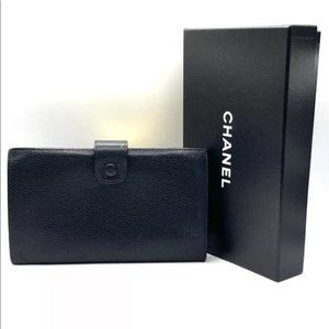 CHANEL WALLET BI-FOLD CAVIAR SKIN COCO MARK BLACK AUTHENTIC with BOX